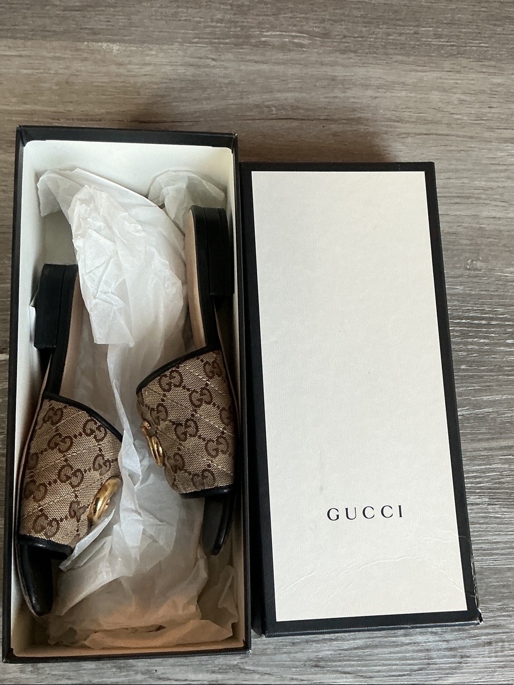 Authentic Gucci Beige Brown GG Canvas Slide Mules with Gold Double G
